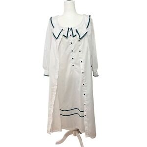 VTG Carole Sz M White Cotton Nightgown Robe Set Plaid Sailor Collar L/S 2 Pc